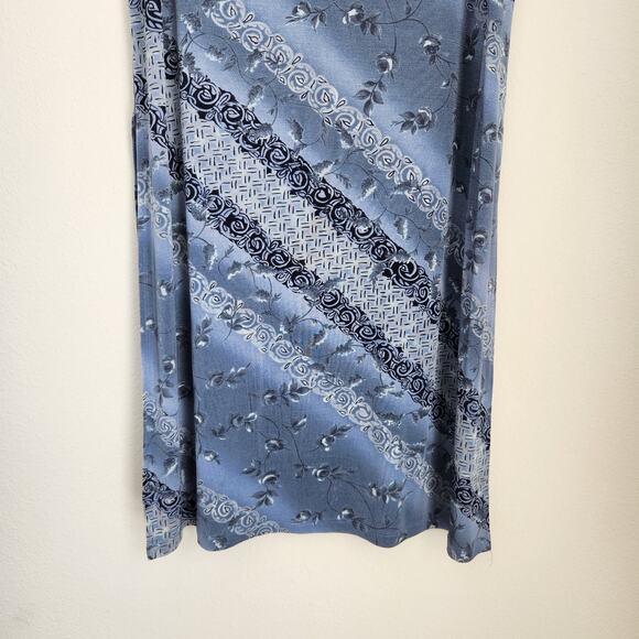 Vintage 90s Blue Floral Striped Maxi Skirt Pull On Side Hem Split M - Picture 11 of 13